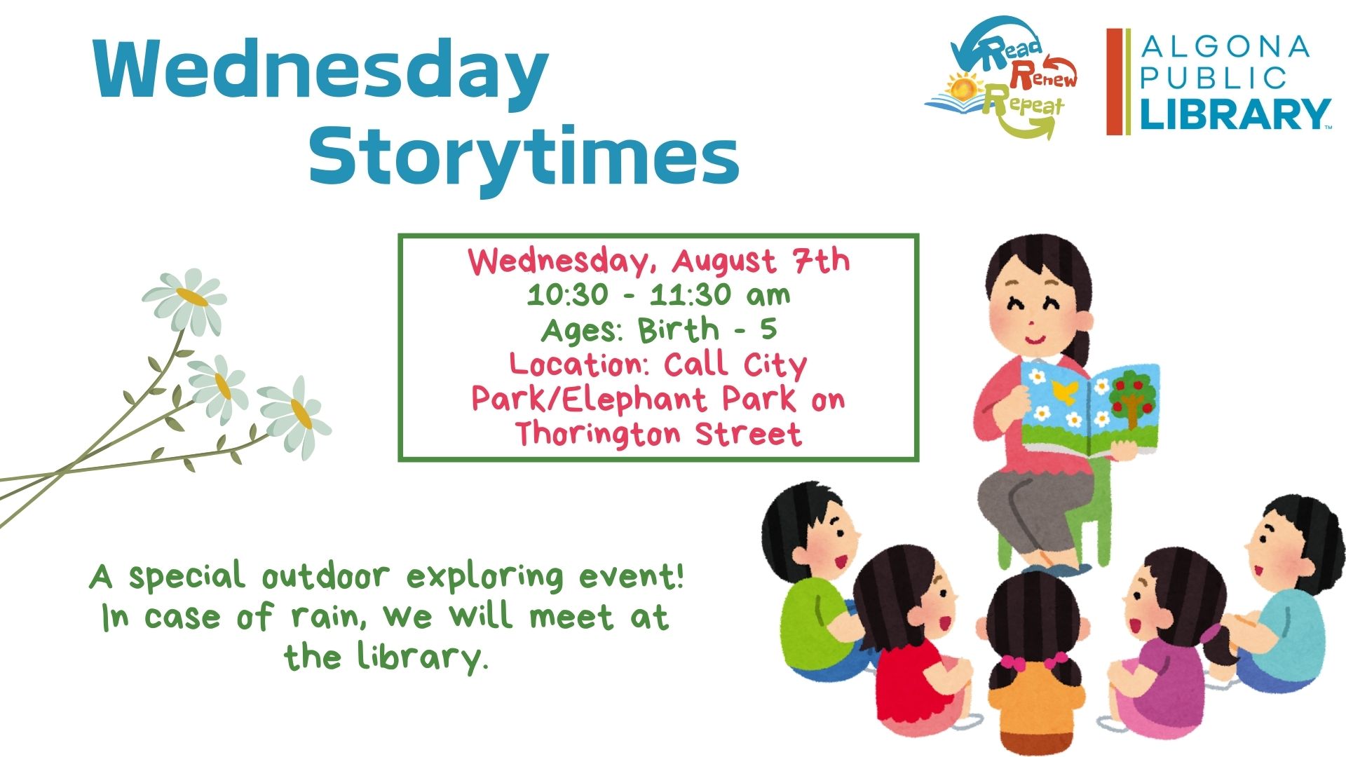 August 7 Story Time at Call City Park at 10:30.